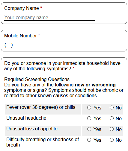 Screenshot showing screening questions